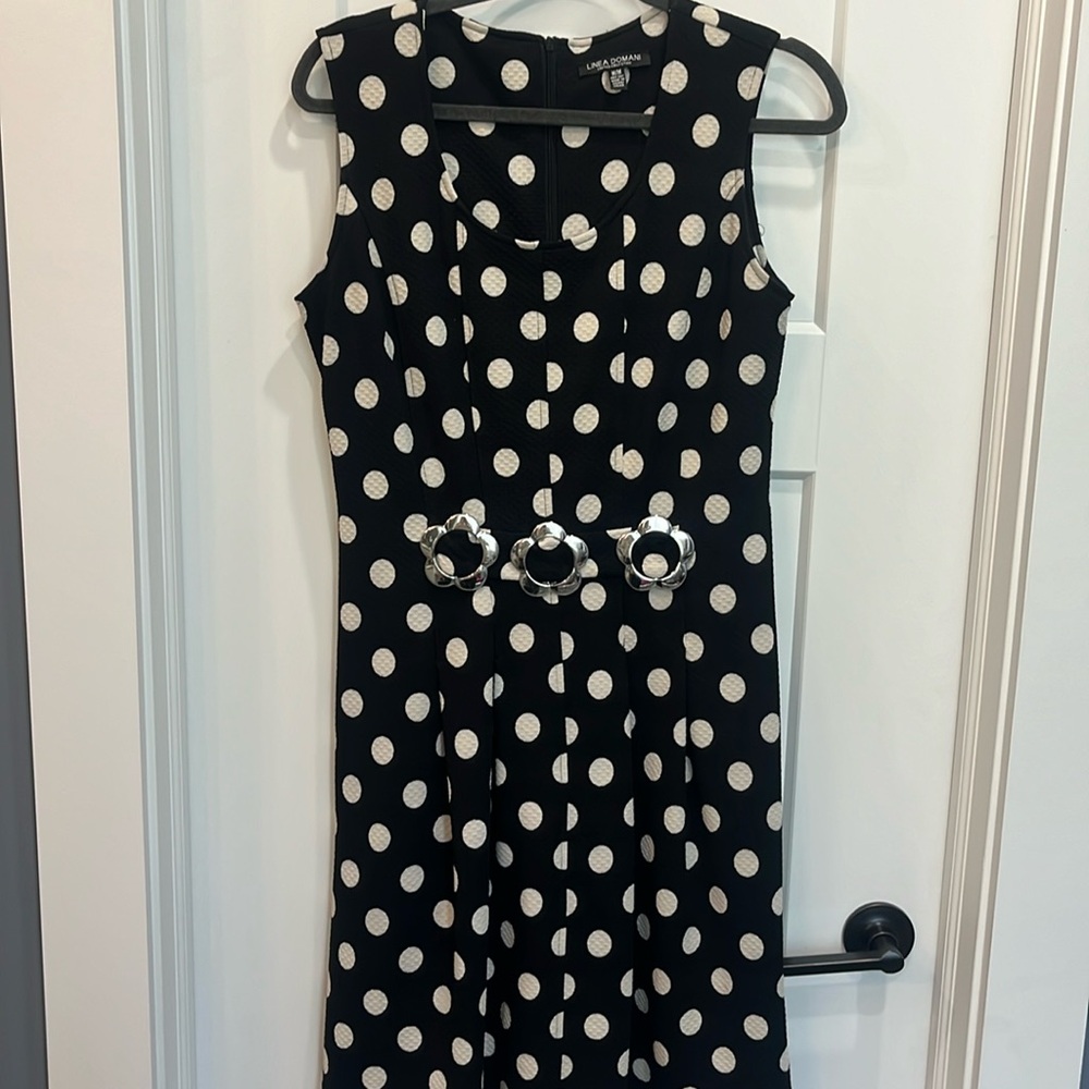 Linea Domani limited collection polka dot‎ dress with metal flower accent